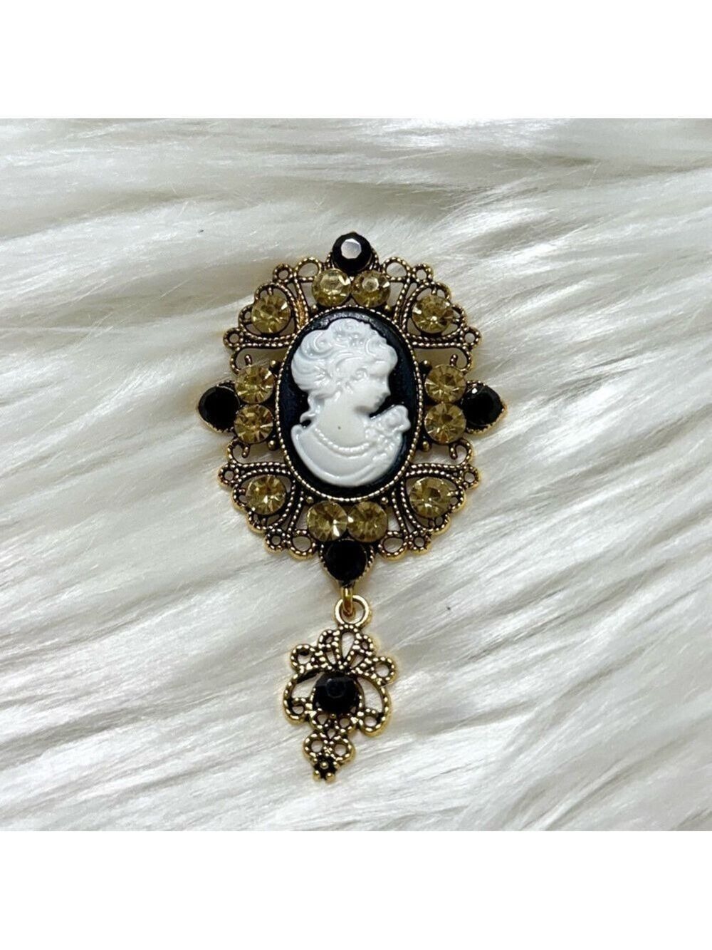 Cameo Pendant Gold Tone With  Black & Golden Crystals New